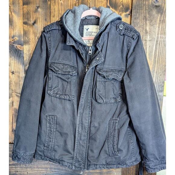 AMERICAN EAGLE VINTAGE Men’s Large Canvas Full Double Zip Hooded Quilted Jacket - Picture 1 of 12